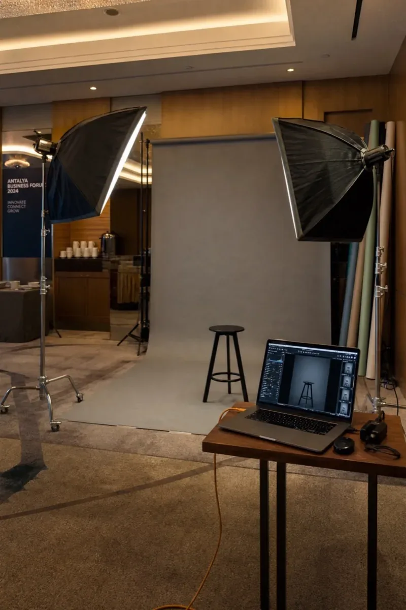 Mobile portrait studio set up at an Antalya corporate event for executive headshots
